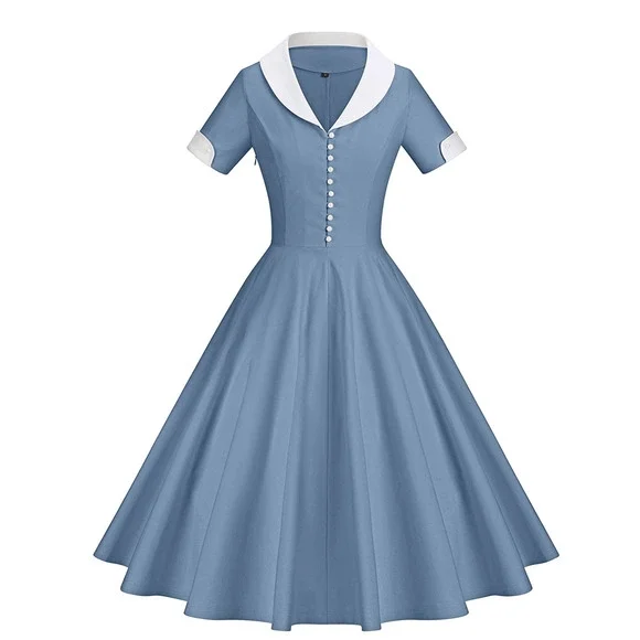 New GownTown Womens 1950s Cape Collar Vintage Swing Stretchy Blue White Dress 2X - Picture 3 of 12